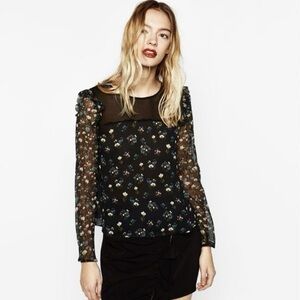 ZARA Black Floral Blouse with Sheer Sleeves